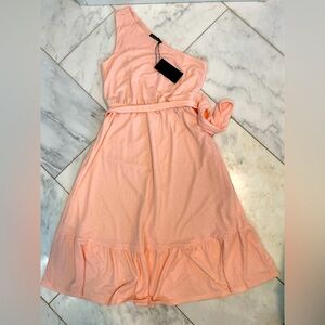 GibsonLook, womens Small one-shoulder light pink waist tie ruffle hem midi dress